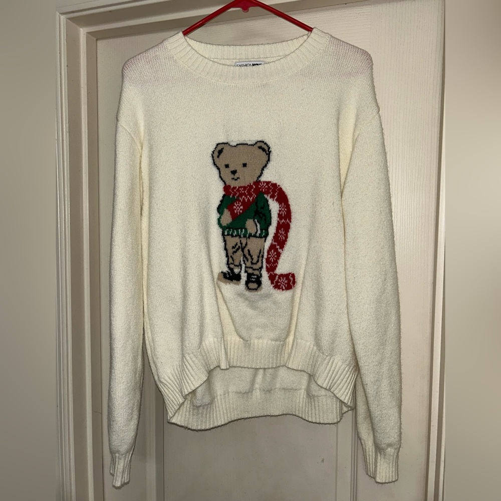 Fashion Nova Women's Cream Sweater with Bear Design